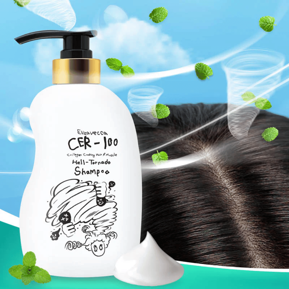 Elizavecca CER-100 Collagen Coating Hair A+ Muscle Helltornado Shampoo è mostrato davanti a un primo piano del cuoio capelluto. Venti vorticosi e foglie di menta illustrano una sensazione rinfrescante e tonificante e l’attenzione alla cura del cuoio capelluto.