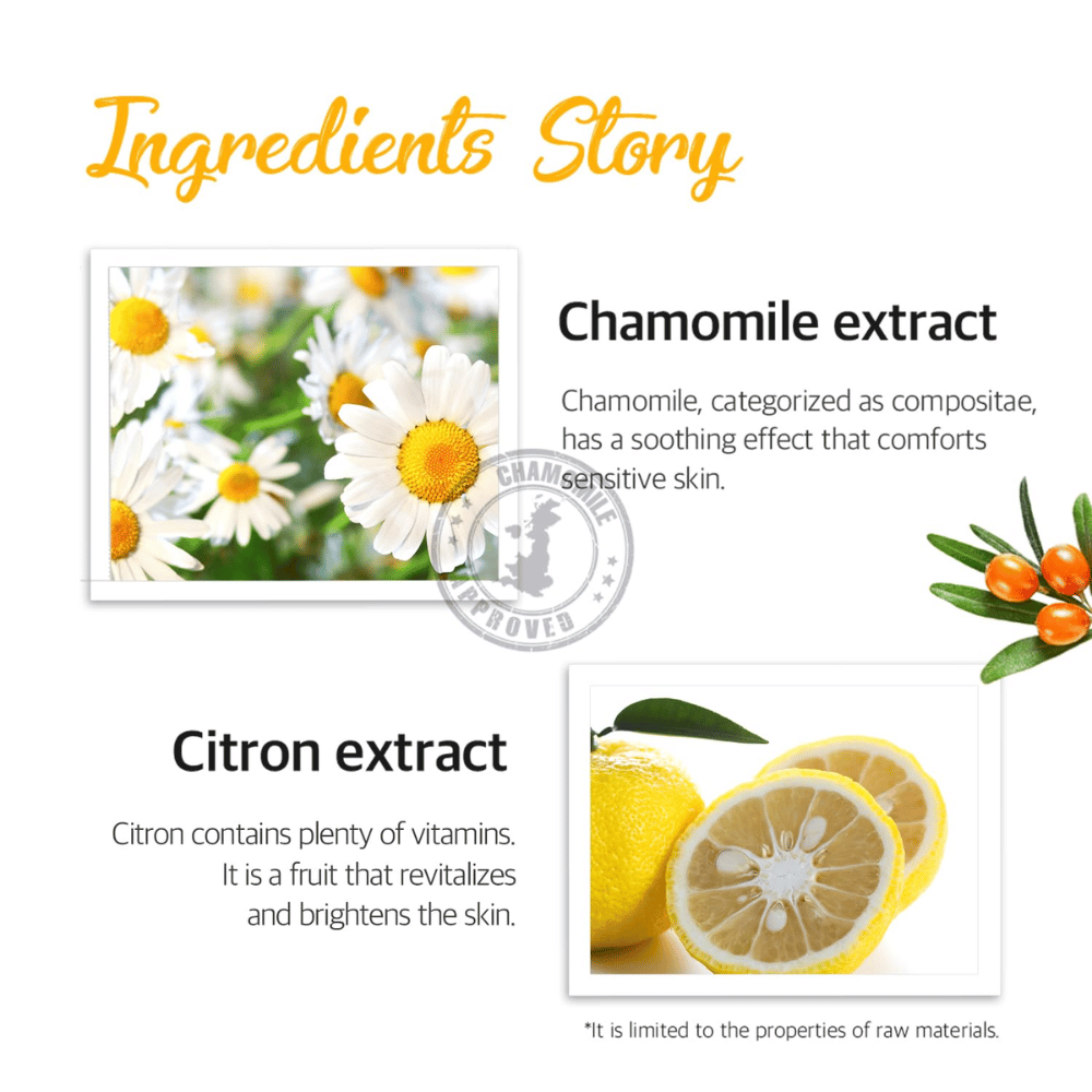 Immagine informativa sugli ingredienti estratto di camomilla ed estratto di limone. L’immagine descrive proprietà lenitive, rinfrescanti e illuminanti per la pelle sensibile e stanca.