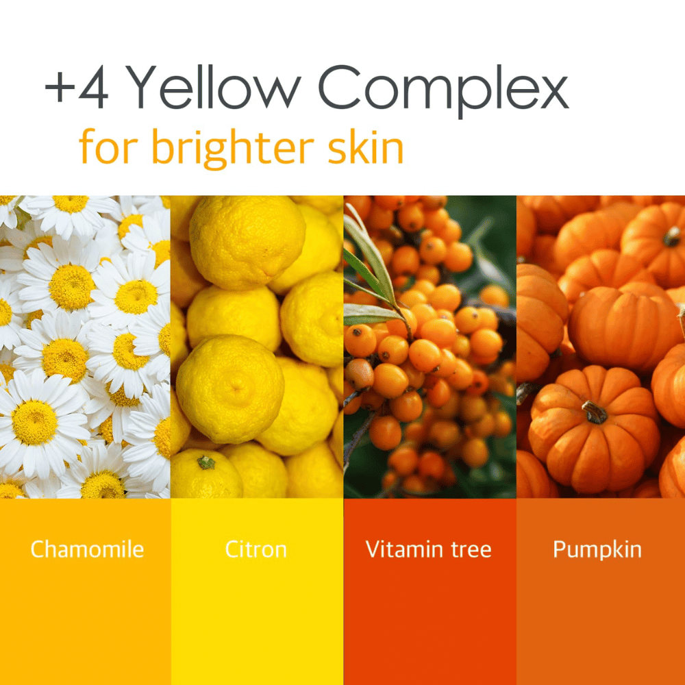 Immagine informativa sul “4 Yellow Complex” con ingredienti come camomilla, limone, vitamin tree e zucca. L’attenzione è rivolta a un tono della pelle più chiaro e a proprietà illuminanti.