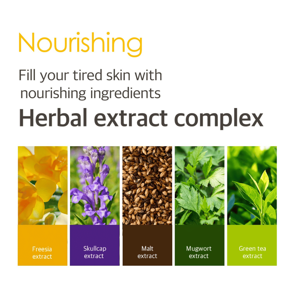 Immagine informativa sull’Herbal Extract Complex con estratti vegetali tra cui fresia, skullcap, malto, artemisia e tè verde che aiutano a nutrire e prendersi cura della pelle stanca.