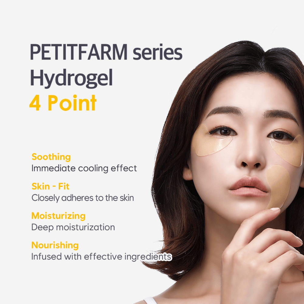 Immagine promozionale con modella che utilizza patch occhi in idrogel. L’immagine evidenzia i quattro principali benefici del prodotto: effetto lenitivo, aderenza alla pelle, idratazione profonda e ingredienti nutrienti.