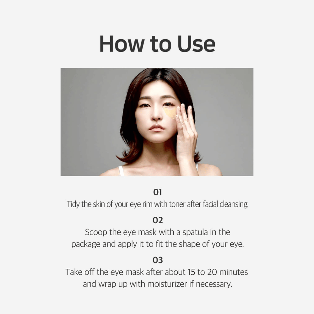 Immagine istruttiva che mostra come utilizzare Chamomile Lightening Hydrogel Eye Mask dopo la detersione e tonico viso. La guida descrive l’applicazione, il tempo di posa e l’idratazione finale intorno agli occhi.