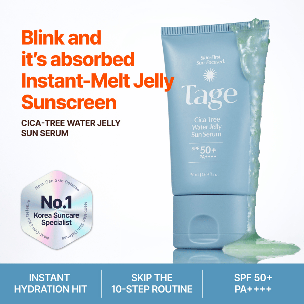 Tage Cica-Tree Water Jelly Sun Serum SPF 50+ dalla consistenza leggera in gel. Tubetto di protezione solare blu con gel verde che mostra la texture del prodotto.