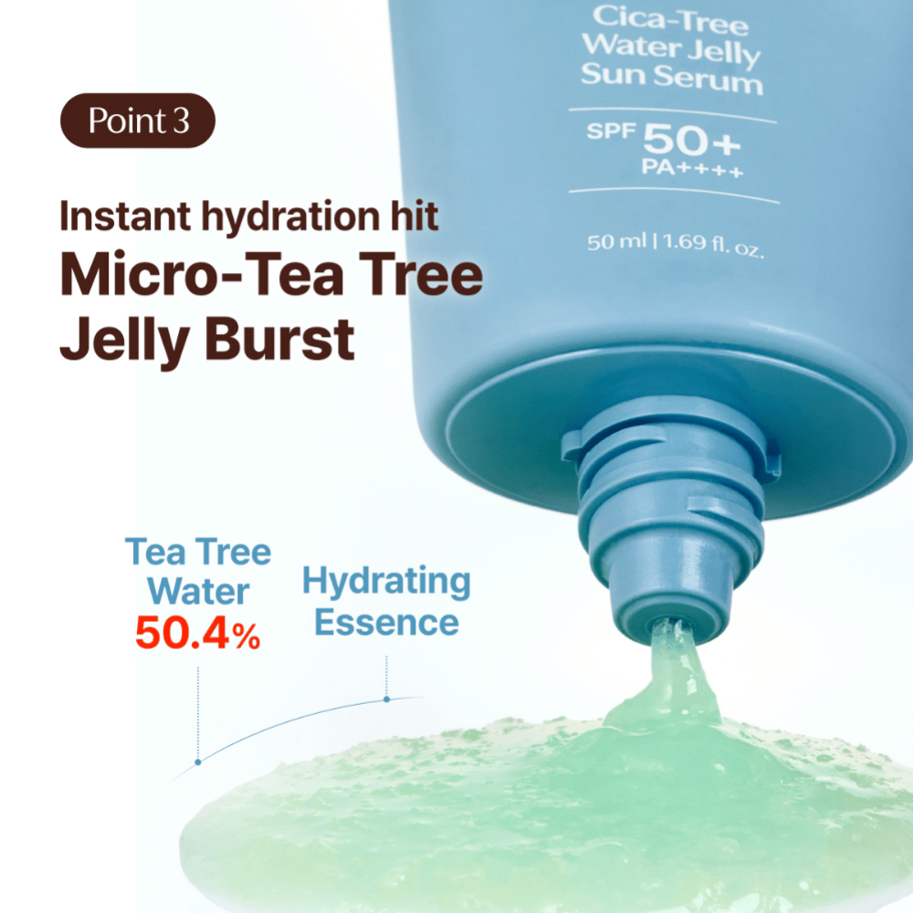 Tage Cica-Tree Water Jelly Sun Serum SPF 50+ con il 50,4% di acqua di tea tree. Primo piano del gel verde idratante che viene spremuto dal tubetto.