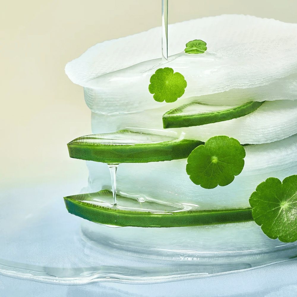 Primo piano di fette di aloe vera, pads tonico idratante e foglie di centella asiatica. Il gel gocciola tra gli ingredienti per illustrare proprietà lenitive, rinfrescanti e idratanti.