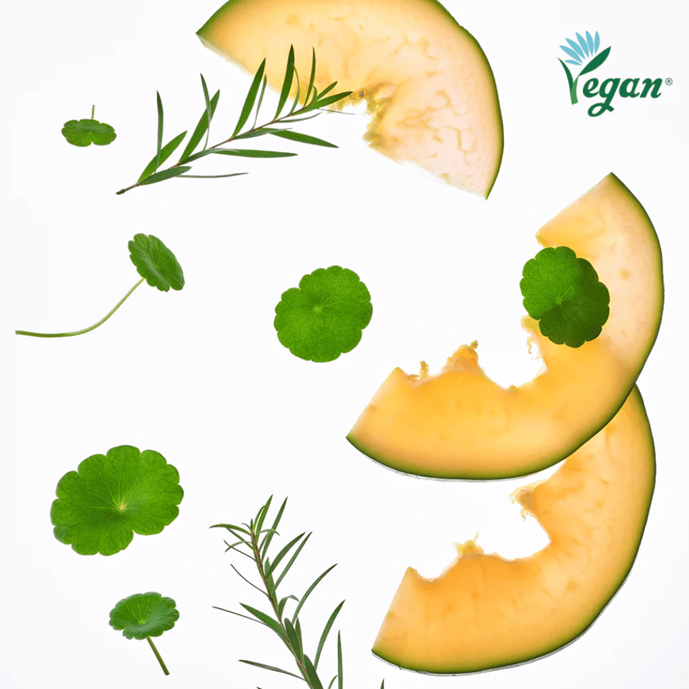 Cura della pelle vegana con melone, centella asiatica ed estratti vegetali che leniscono la pelle e forniscono idratazione.