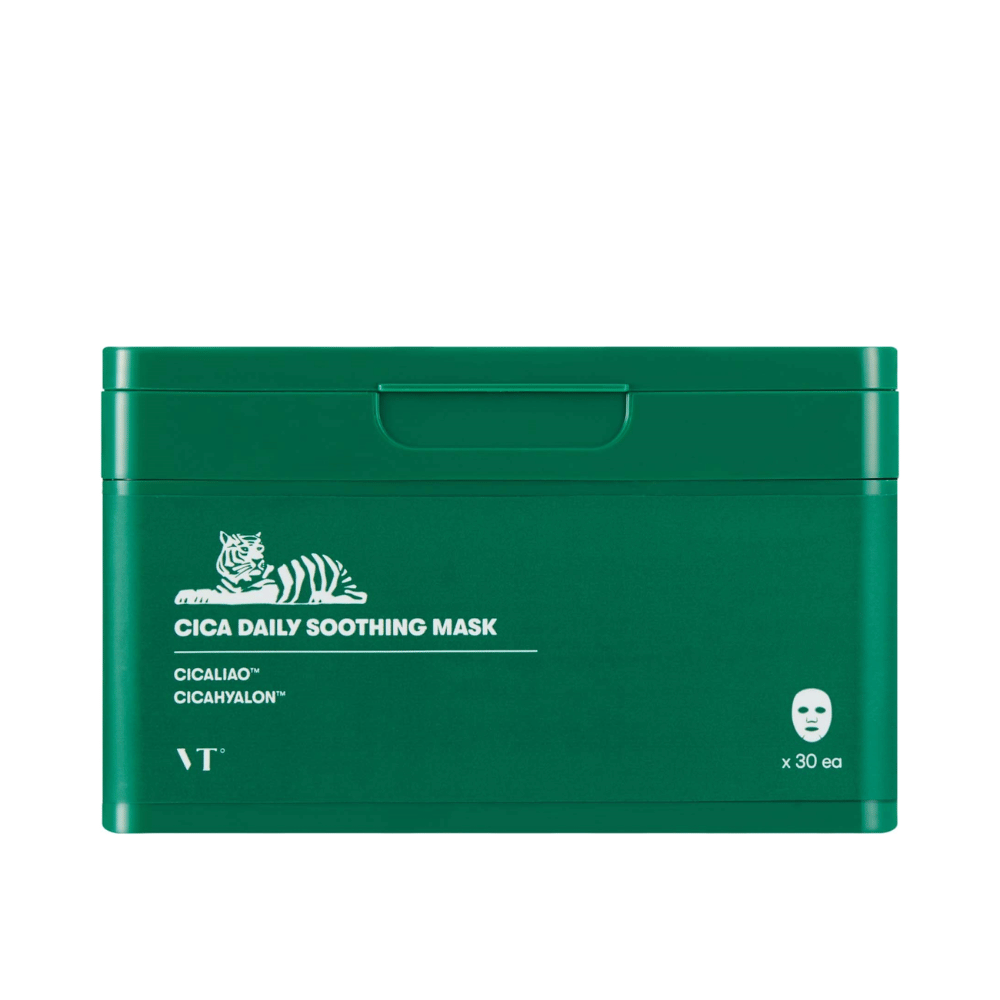 Confezione verde con il testo "Cica Daily Soothing Mask" e un'illustrazione bianca di una tigre, contenente 30 sheet masks.