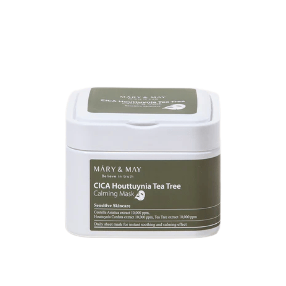 Mary & May Cica Houttuynia Tea Tree Calming Mask – barattolo con maschere in tessuto lenitive per pelle sensibile, arricchito con centella, houttuynia e estratto di tea tree.