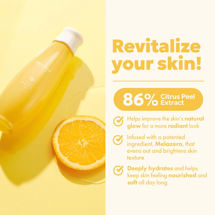 FRUDIA Citrus Brightening Toner con 86% di estratto di buccia di agrumi – idratante e illuminante tonico viso che migliora la luminosità naturale della pelle e dona una pelle morbida e radiosa.