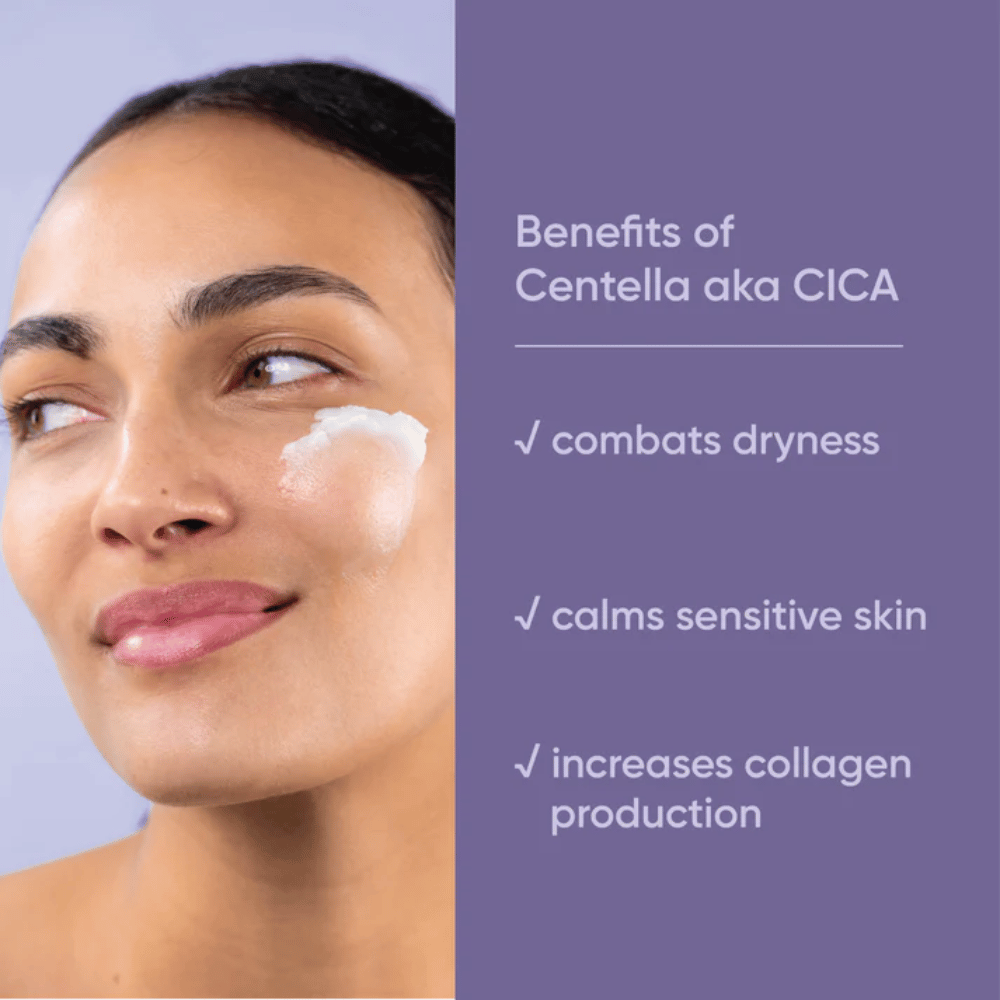 Persona che applica crema viso, grafica che mostra i benefici della Centella Asiatica (CICA) in Clean It Zero Calming Cleansing Balm per pelle secca, sensibile e produzione di collagene aumentata.