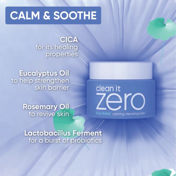 Immagine informativa per Clean It Zero Cica-Relief Calming Cleansing Balm che evidenzia ingredienti lenitivi come CICA, olio di eucalipto, olio di rosmarino e fermenti di lactobacillus per una barriera cutanea rinforzata.