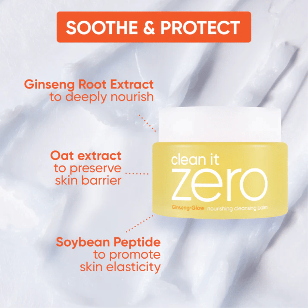 Clean It Zero Ginseng-Glow Cleansing Balm di BANILA CO con ginseng, estratto di avena e peptidi di soia, sviluppato per calmare, proteggere e rafforzare la barriera cutanea mentre trucco e sporco vengono dissolti.
