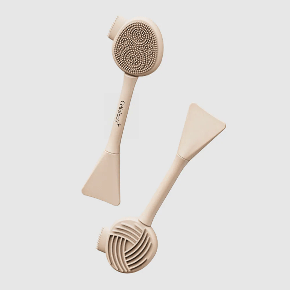 2. Cellolopy Cleaning Brush – lato anteriore e posteriore di una spazzola detergente multifunzionale con setole in silicone, superficie scanalata e spatola