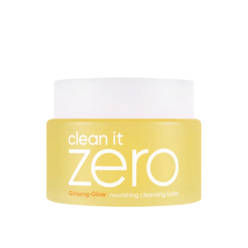 Clean It Zero Ginseng-Glow Nourishing Cleansing Balm in barattolo giallo su sfondo bianco, un balsamo struccante idratante di BANILA CO che rimuove efficacemente trucco e impurità.