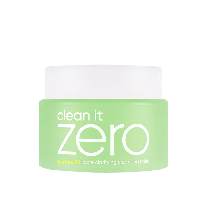 Clean It Zero Tea Tree-EX Pore Clarifying Cleansing Balm in barattolo verde su sfondo bianco, progettato per pelle grassa e mista che necessita di pulizia bilanciata e purificante dei pori.