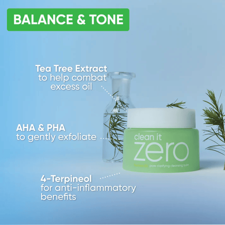 Clean It Zero Pore Clarifying Cleansing Balm con estratto di Tea Tree, AHA e PHA che bilanciano la pelle, riducono l'olio in eccesso ed esfoliano delicatamente per un tono della pelle più chiaro.