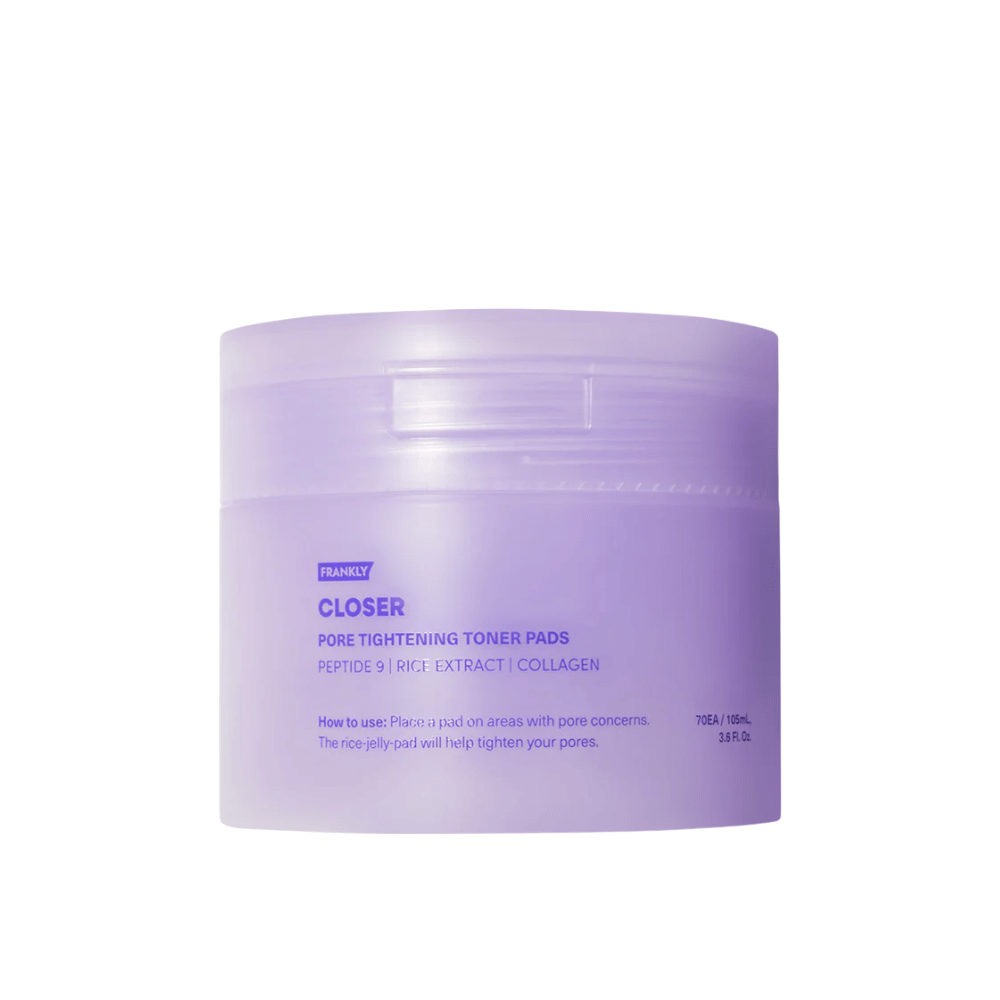 Immagine del prodotto di FRANKLY Closer Pore Tightening Toner Pads in un barattolo viola. Dischetti tonici con peptidi, estratto di riso e collagene per il raffinamento dei pori.