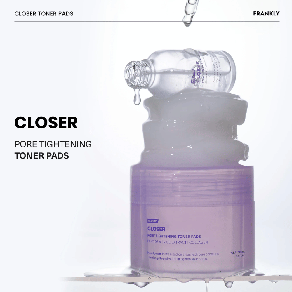 FRANKLY Closer Tonico viso Pads con tonico viso che gocciolano. Mostra il prodotto riempito di essence idratante per il raffinamento dei pori e pelle rinfrescata.