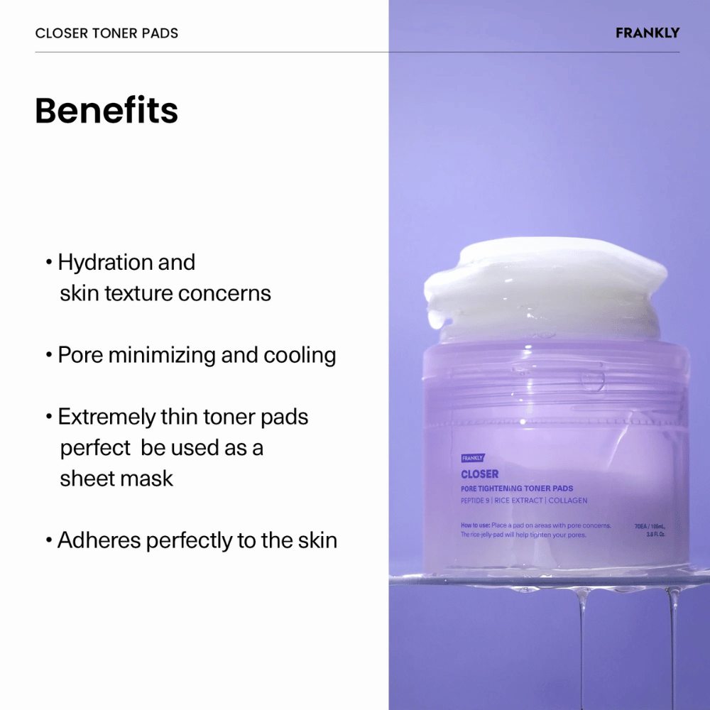 Barattolo viola con FRANKLY Closer Tonico viso Pads riempito di pads sottili e idratanti. Il testo descrive i benefici come la riduzione dei pori e l'effetto rinfrescante.