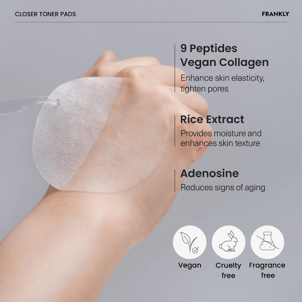 Primo piano di FRANKLY Closer Tonico viso Pad sulla mano. Il testo mostra ingredienti come 9 peptidi, collagene vegano, estratto di riso e adenosina. Vegano e cruelty-free.