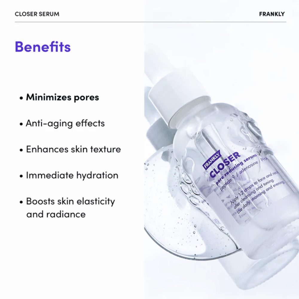 FRANKLY Closer Serum in bottiglia trasparente su superficie lucida. Il testo evidenzia vantaggi come pori ridotti, idratazione e miglioramento della texture della pelle.