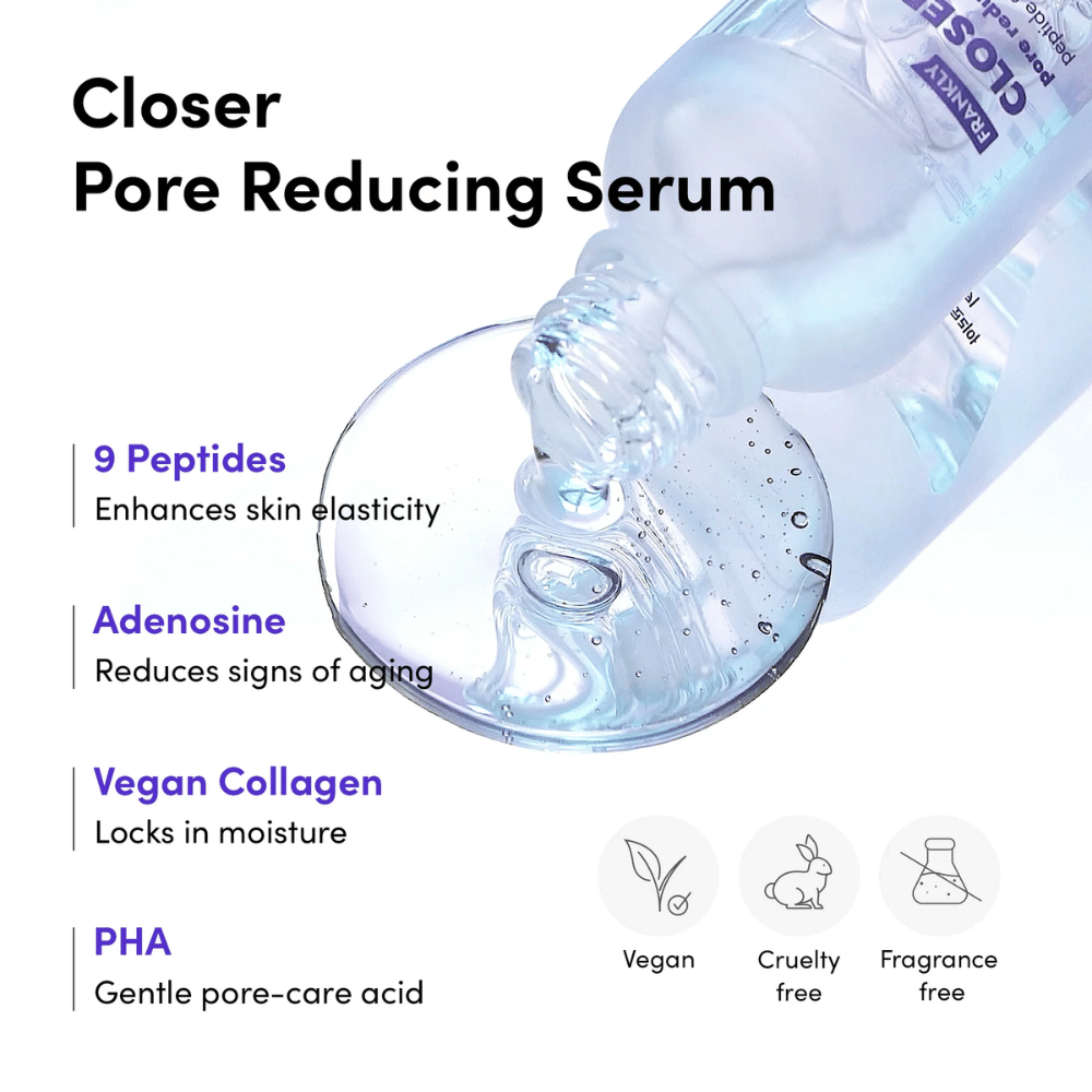 Primo piano di FRANKLY Closer Pore Reducing Serum con ingredienti: 9 peptidi, adenosina, collagene vegano e PHA. Formula vegana e cruelty-free.