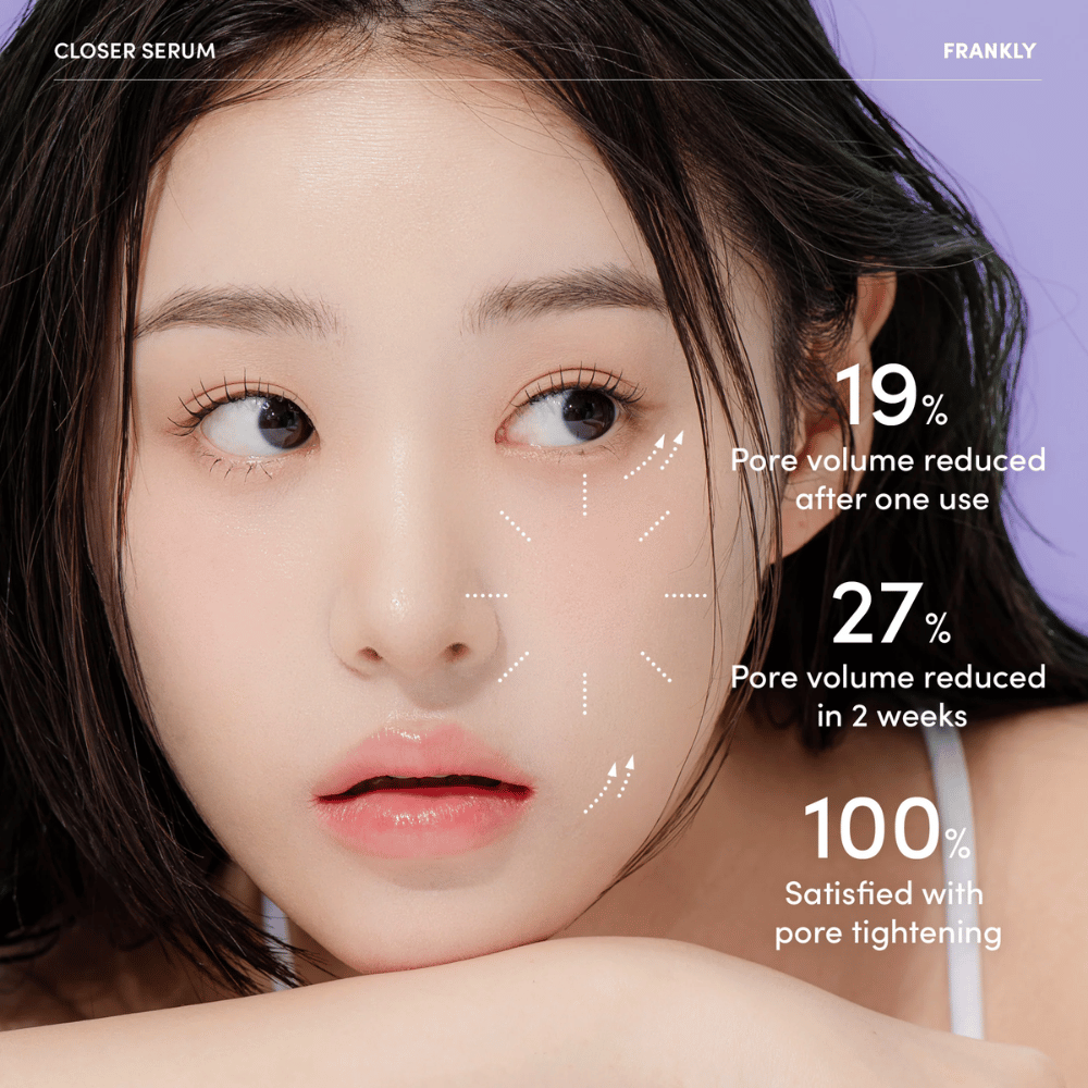 Donna con FRANKLY Closer Serum mostra i risultati: 19% di riduzione dei pori dopo un utilizzo, 27% in due settimane, 100% soddisfatti della riduzione dei pori.