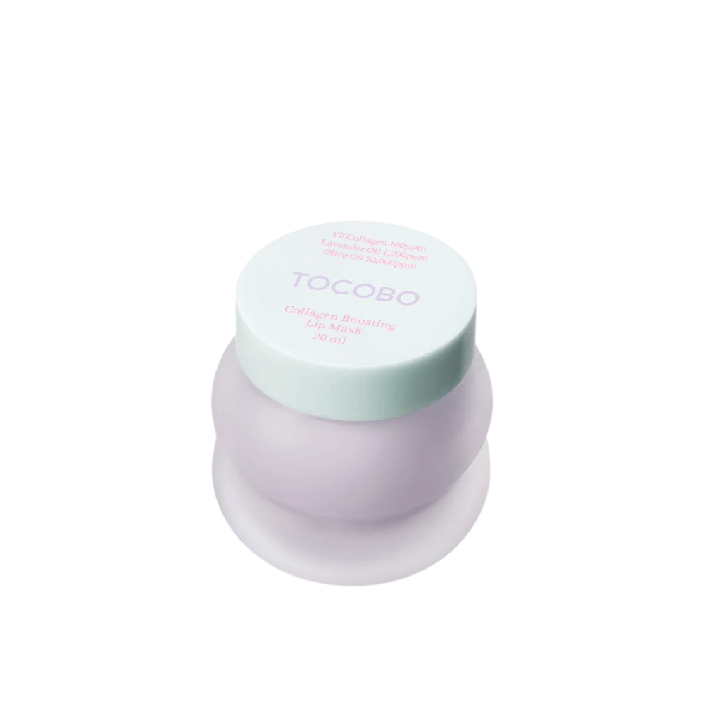 Primo piano di un barattolo chiuso TOCOBO Collagen Boosting Lip Mask con coperchio verde menta su sfondo bianco.