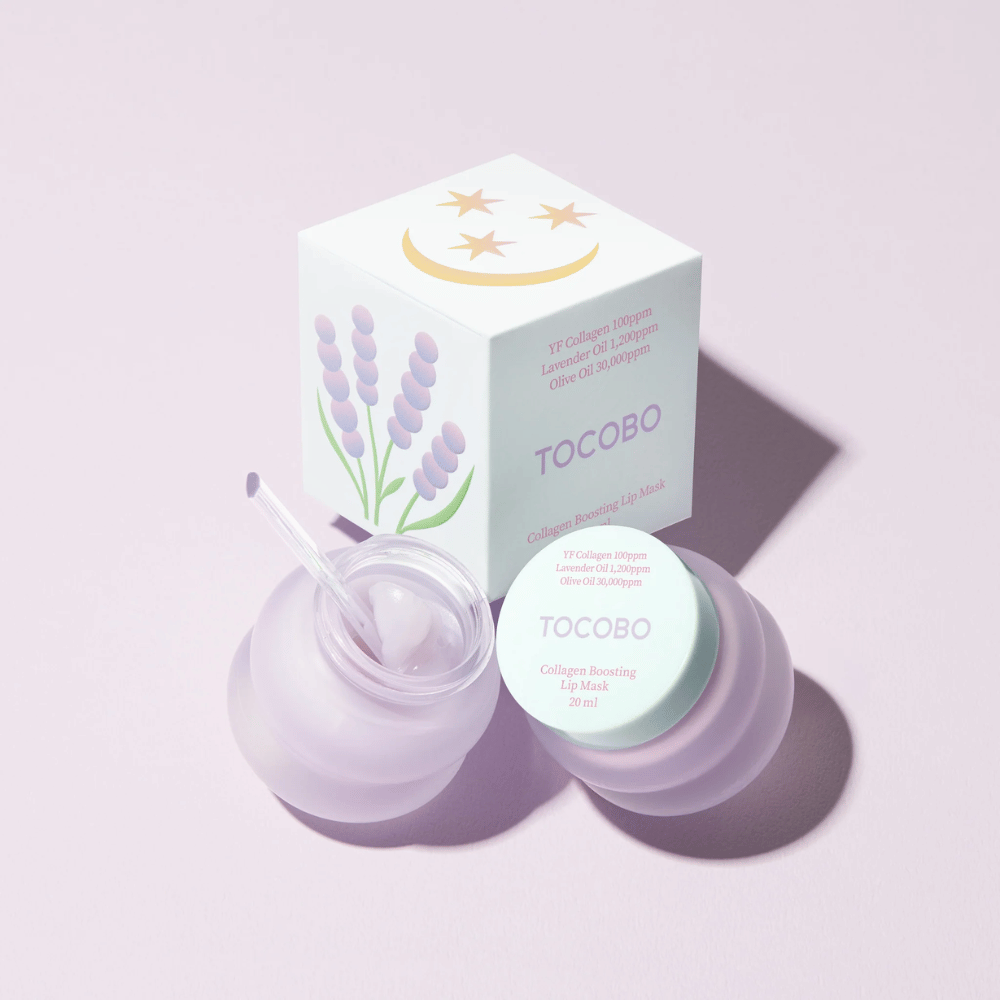 TOCOBO Collagen Boosting Lip Mask con confezione decorata con lavanda e simboli lunari.