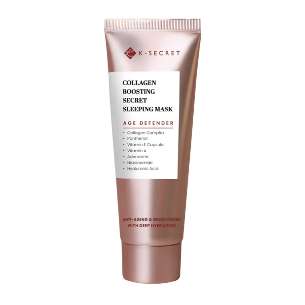 Immagine del prodotto su K-SECRET Collagen Boosting Secret Sleeping Mask in un tubo color oro rosa con testo che evidenzia anti-invecchiamento, idratazione e ingredienti come collagene, pantenolo e acido ialuronico.