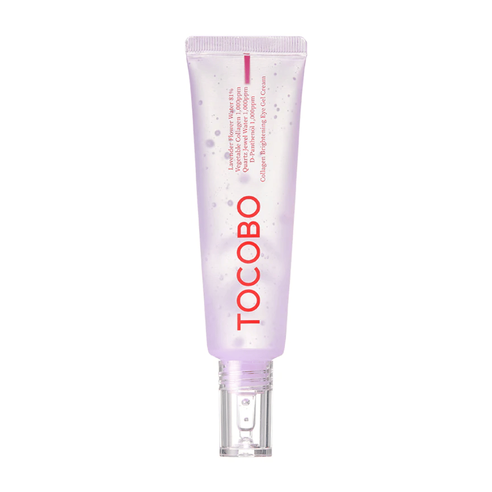 Il prodotto nell'immagine è "Collagen Brightening Eye Gel Cream" da TOCOBO. È un gel per gli occhi in un tubetto viola con puntini bianchi, progettato per illuminare e migliorare l'aspetto della pelle intorno agli occhi.