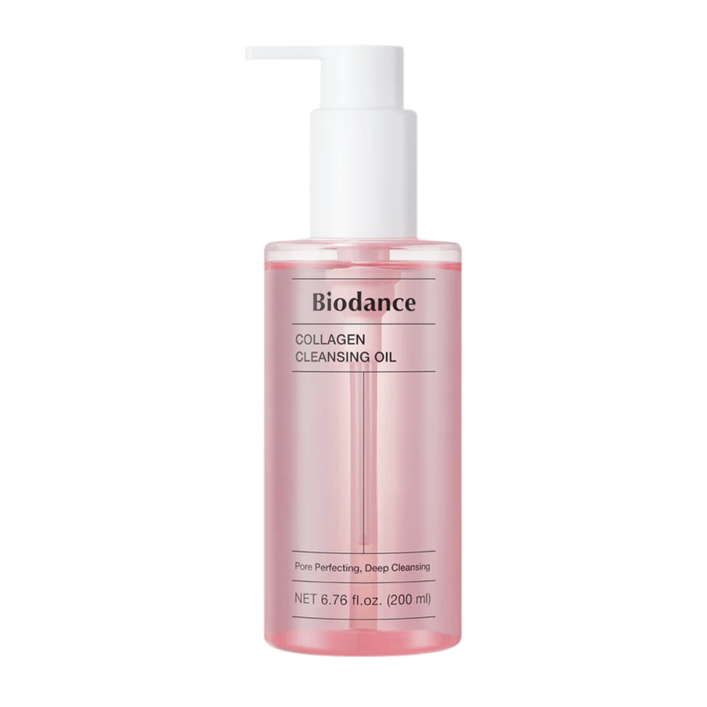 Immagine del prodotto di Biodance Collagen Cleansing Oil in bottiglia rosa trasparente con pompa bianca, testo "Perfezionamento dei pori, Pulizia profonda" e indicazione del volume 200 ml.