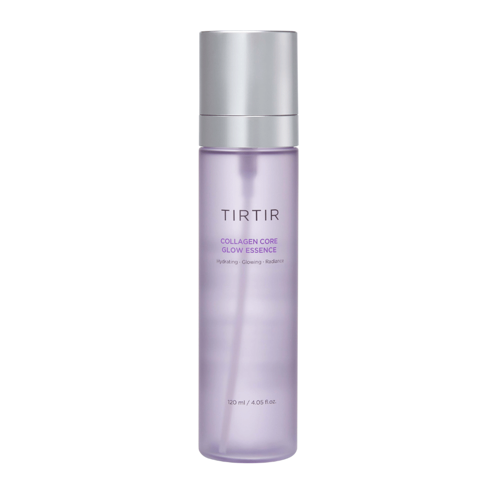 Immagine del prodotto su TIRTIR Collagen Core Glow Essence – un essence illuminante in una bottiglia viola elegante che idrata e migliora l'elasticità della pelle.