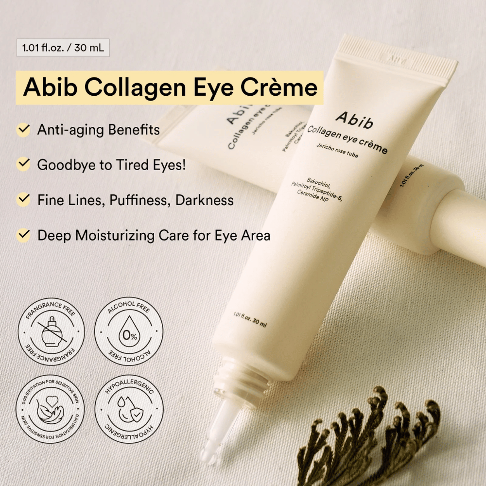 Abib Collagen Eye Crème con testo su anti-invecchiamento e idratazione intensa per l'area degli occhi. Senza alcool, profumi e ipoallergenico.