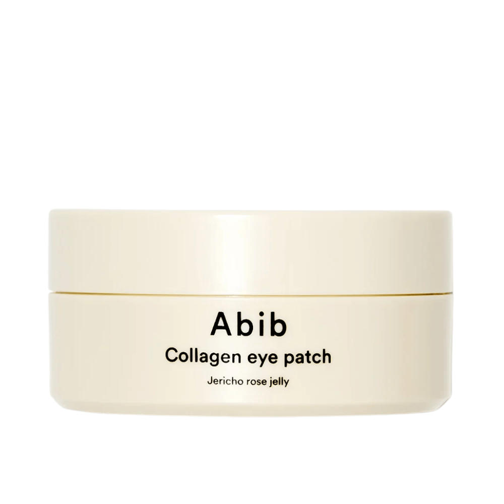 Confezione di Abib Collagen Eye Patch Jericho Rose Jelly – un barattolo beige con testo nero, progettato per curare l'area sotto gli occhi con collagene e ingredienti idratanti.
