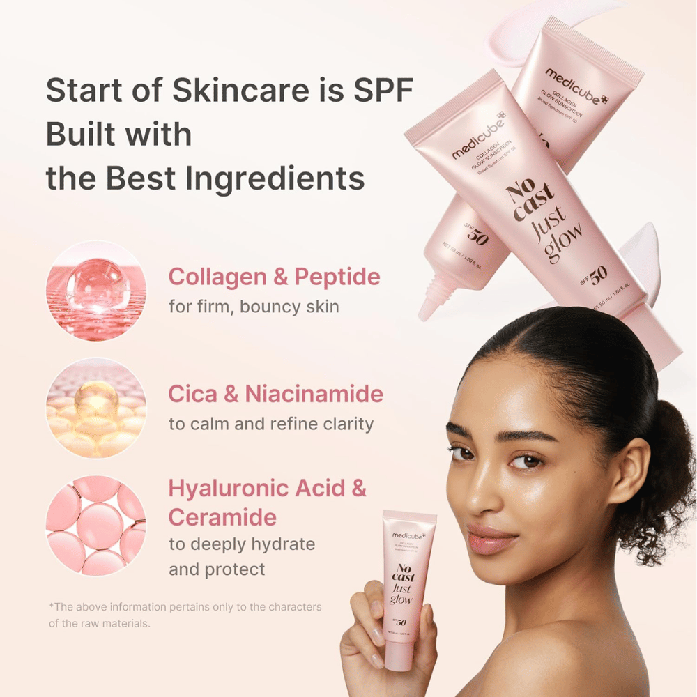 Medicube Collagen Glow Sunscreen SPF 50 con collagene, peptidi, niacinamide e acido ialuronico. La modella tiene in mano il tubetto rosa di protezione solare.