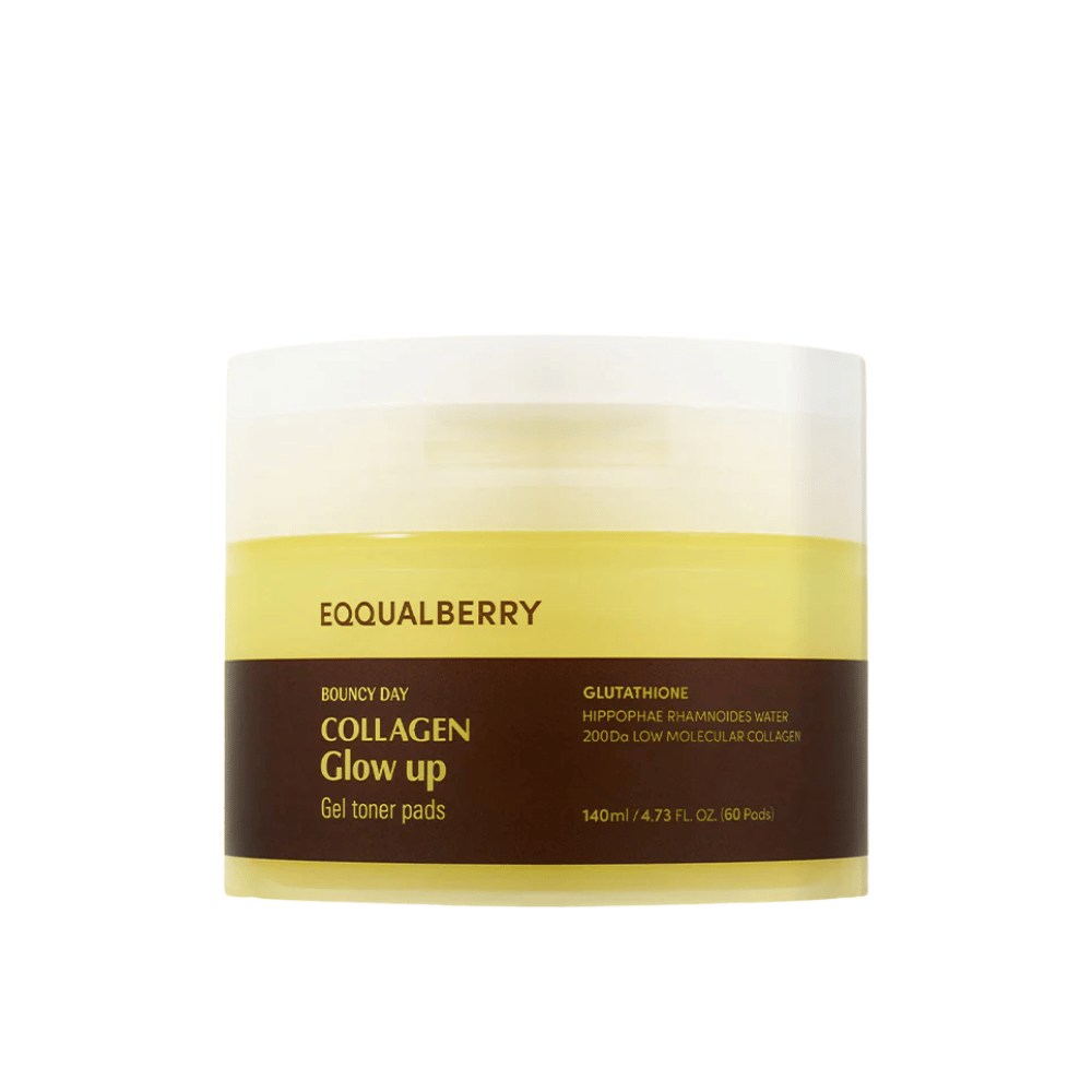 Bouncy Day Collagen Glow Up Gel Toner Pads, contenente collagene a basso peso molecolare e glutatione, per migliorare l'elasticità della pelle e dare un bagliore giovanile. Confezione con 60 pads.