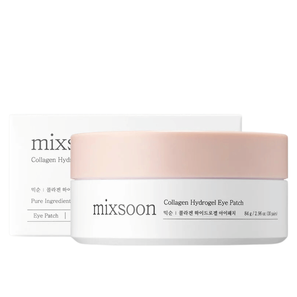 Immagine di Mixsoon Collagen Hydrogel Eye Patch, che mostra un barattolo con coperchio rosa e base bianca. Il barattolo contiene 84 g (30 paia) di patch per occhi. La confezione è elegante e dà una sensazione di cura della pelle lussuosa. Il prodotto è progettato per fornire idratazione e nutrimento alla pelle sotto gli occhi.