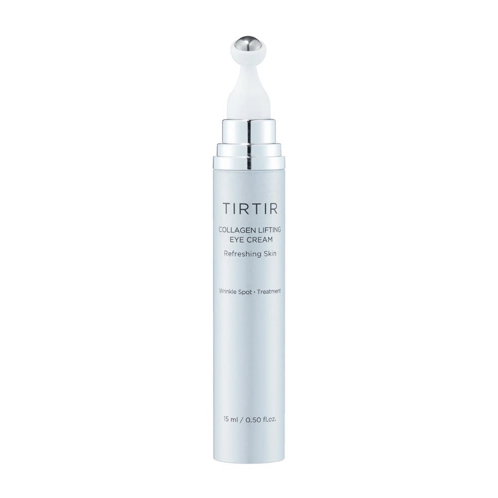 Tubo con TIRTIR Collagen Lifting Eye Cream su uno sfondo pulito, progettato per la cura della pelle rinfrescante.