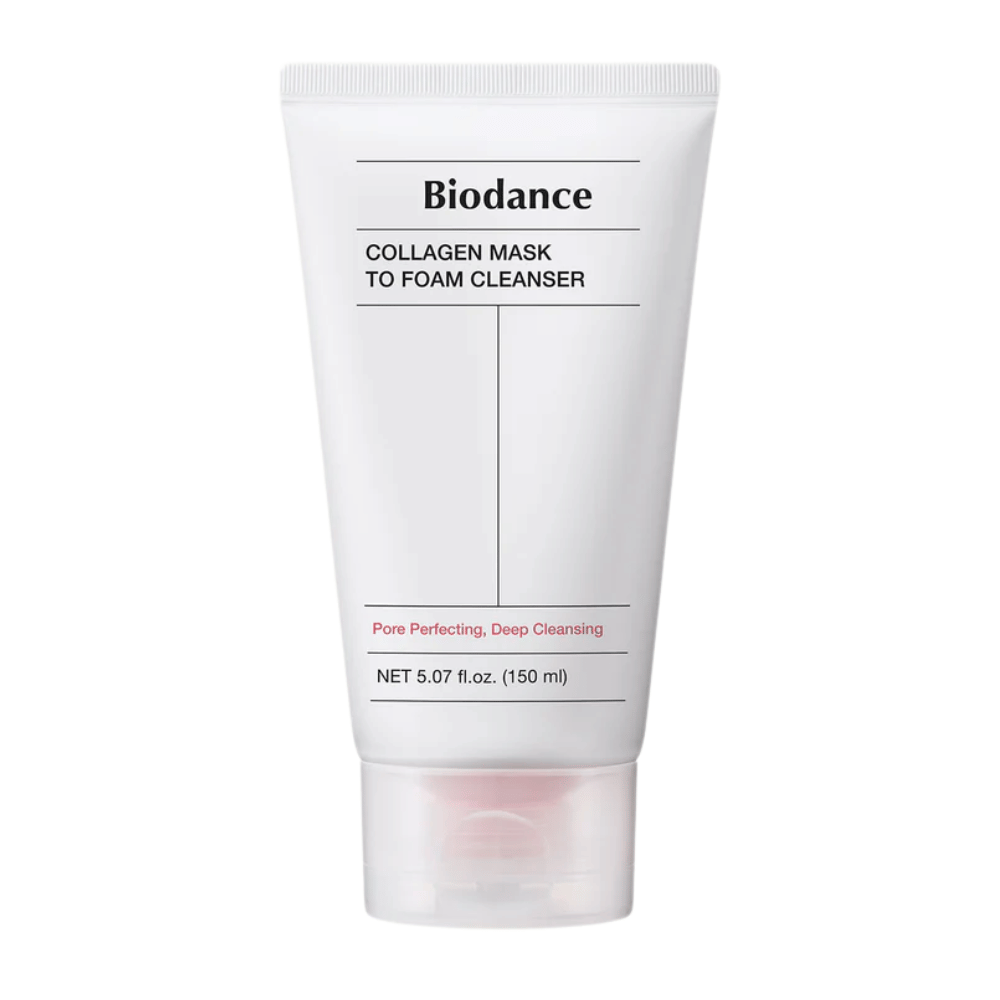 Produktbild på Biodance Collagen Mask to Foam Cleanser i vit tub med svart text och rosa detaljer. Rymmer 150 ml och marknadsförs som djuprengörande och porförbättrande.