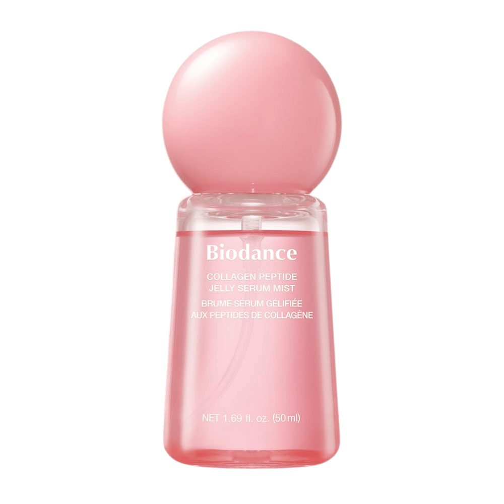 Biodance Collagen Peptide Jelly Serum Mist 50 ml – mist viso rosa e siero con collagene e peptidi per idratazione e luminosità.