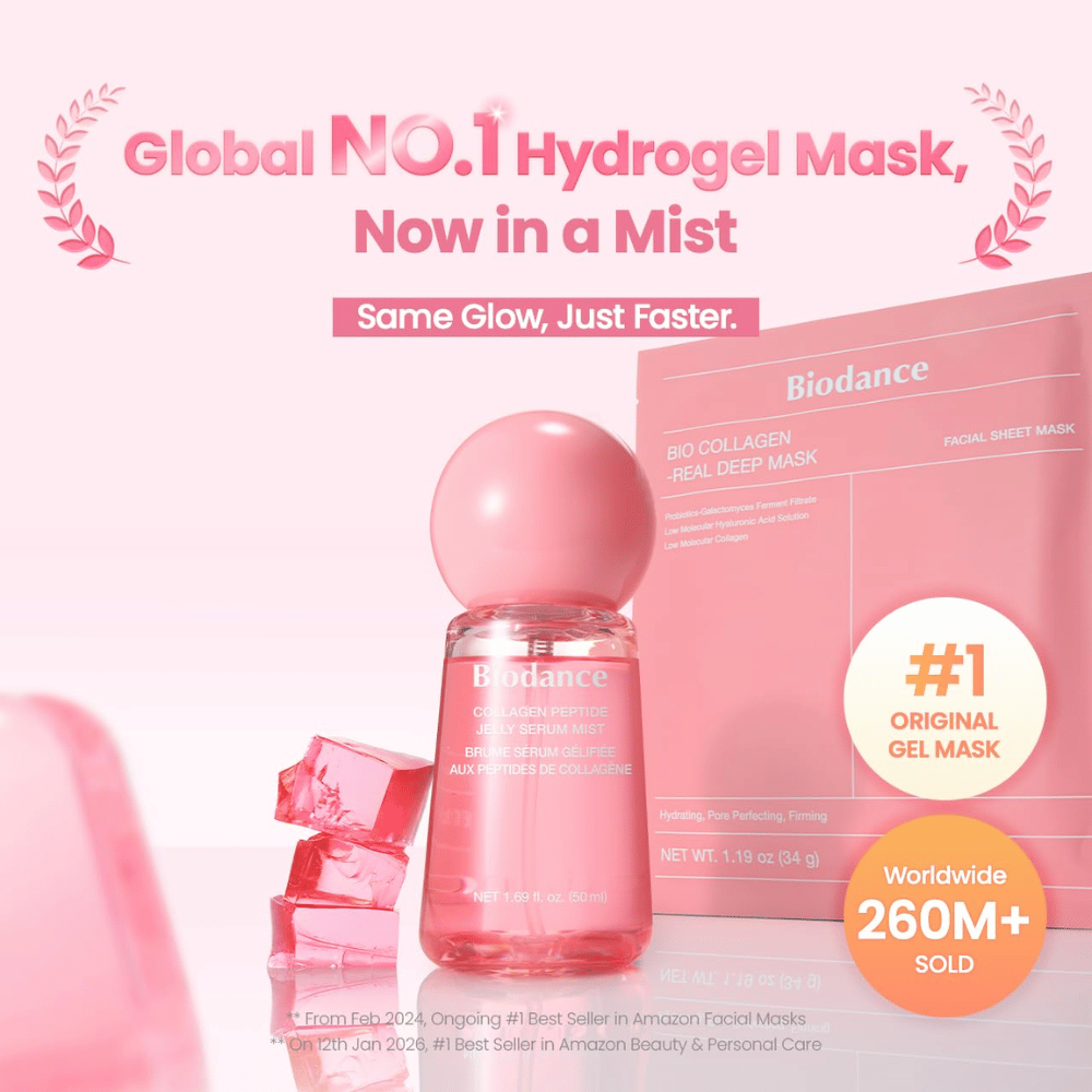 Biodance Collagen Peptide Jelly Serum Mist insieme a Biodance Bio-Collagen Real Deep Mask – trattamento skincare ispirato all’idrogel per glow e idratazione.