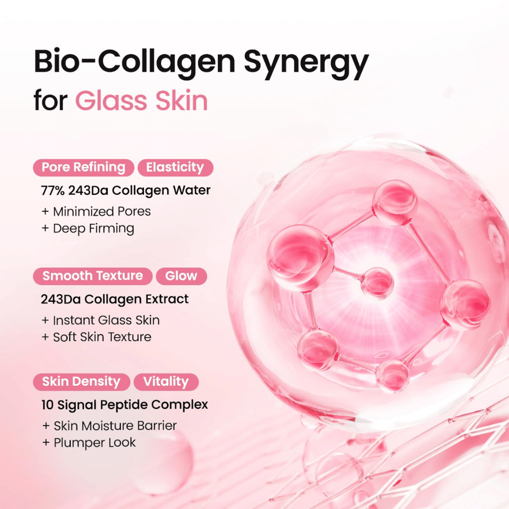 Biodance Collagen Peptide Jelly Serum Mist con il 77% di acqua di collagene, estratto di collagene e complesso di peptidi per luminosità, elasticità e idratazione.