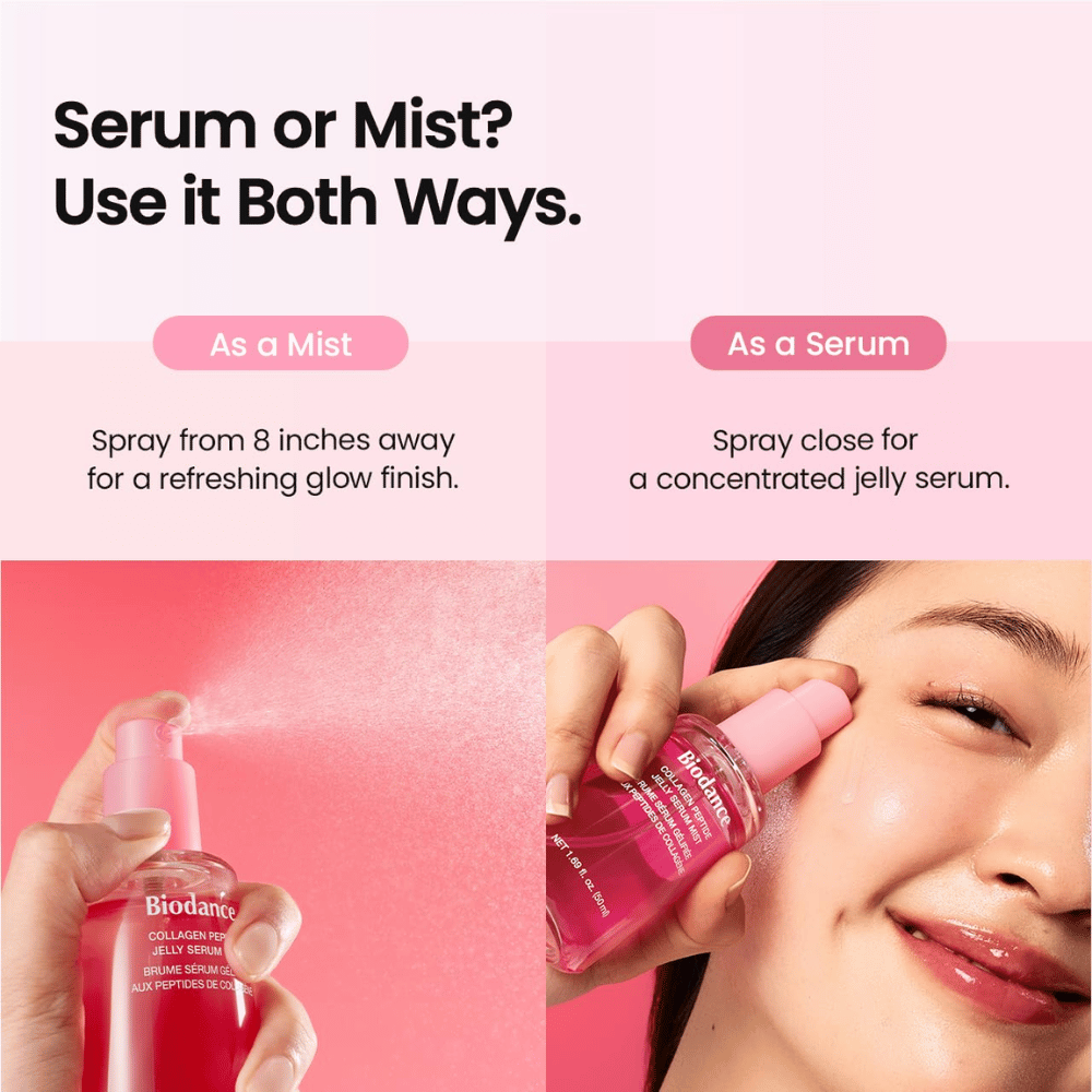 Biodance Collagen Peptide Jelly Serum Mist può essere utilizzato sia come mist viso che come siero per idratazione e una finitura fresca e luminosa.