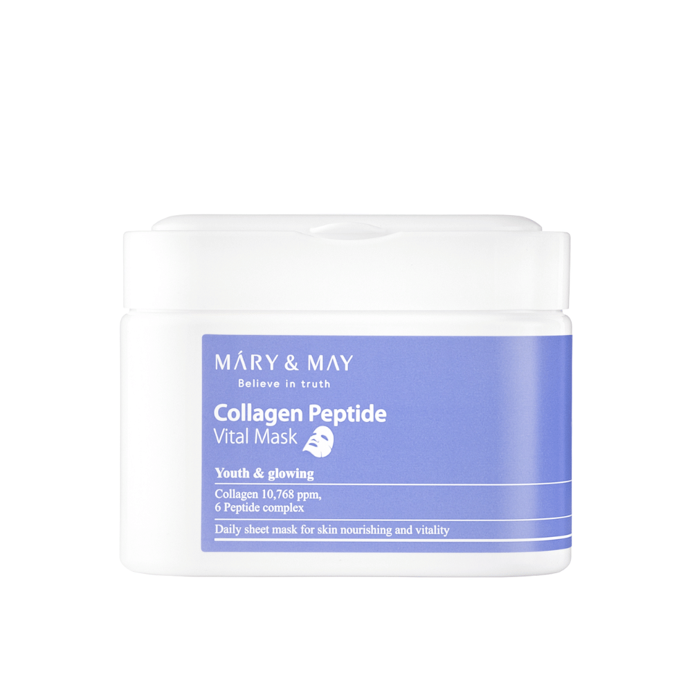 Collagen Peptide Vital Mask" da MARY & MAY in un barattolo bianco e viola. Il prodotto contiene 10.768 ppm di collagene e un complesso di peptidi per nutrire e illuminare la pelle. Questo maschera viso quotidiano è progettato per donare una pelle giovane e luminosa