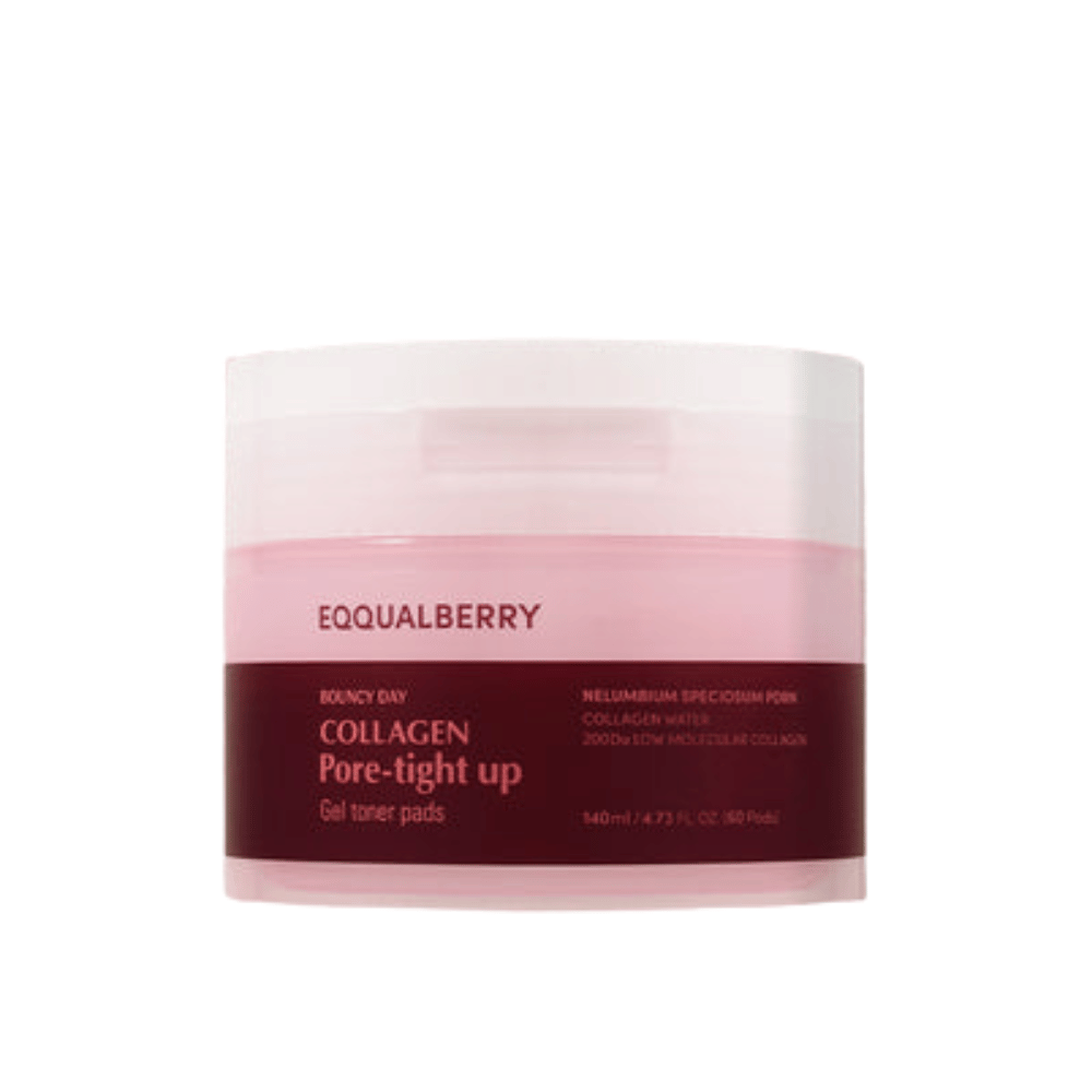 Un barattolo di Bouncy Day Collagen Pore-Tight Up Gel Toner Pads. Il barattolo è rosa e rosso, e contiene 140 ml di prodotto che aiuta a rassodare la pelle e ridurre la dimensione dei pori.