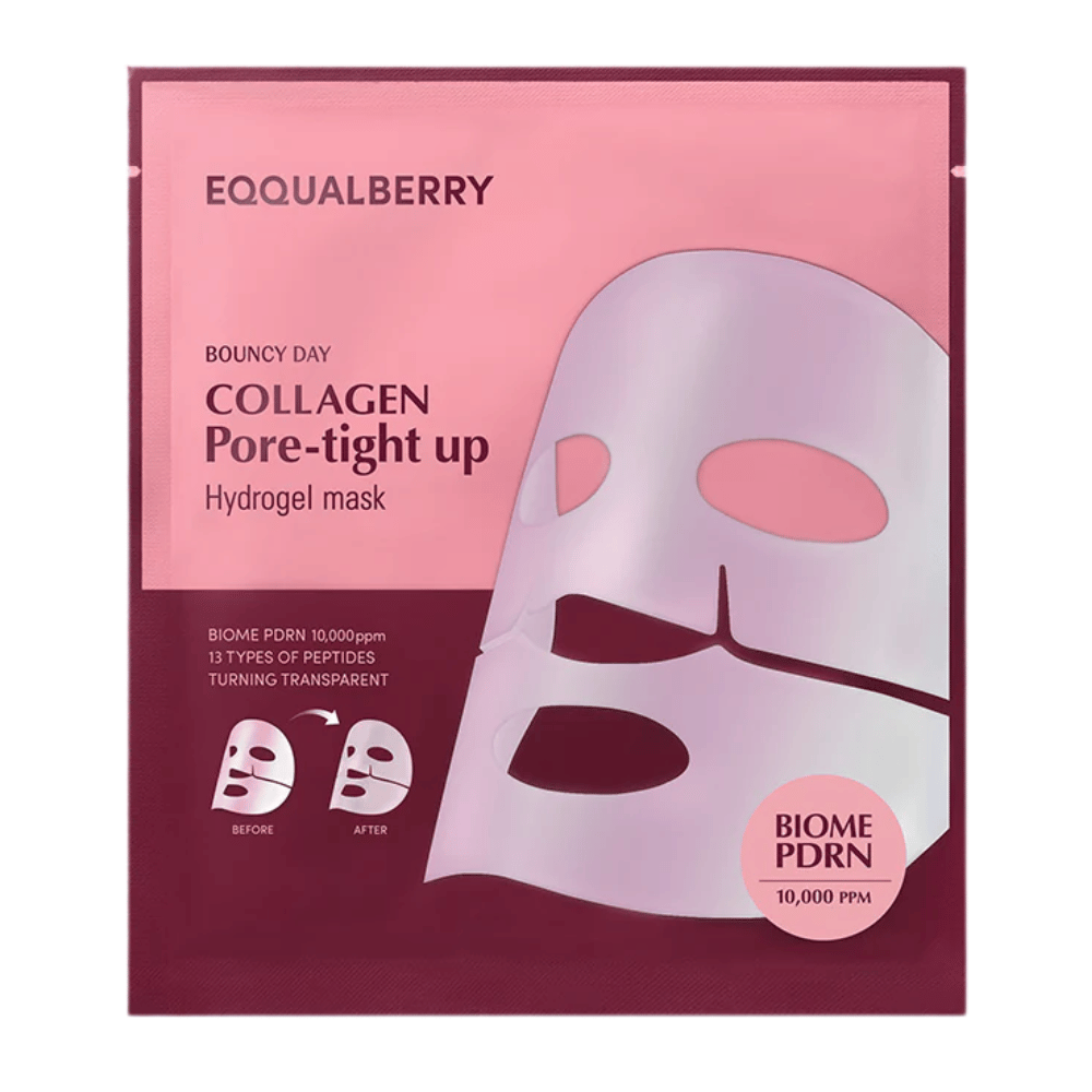 L'imballaggio per Collagen Pore-tight Up Hydrogel Mask, un maschera viso con biome PDRN e 13 tipi di peptidi, è visibile in una confezione rosa con immagini prima e dopo degli effetti della maschera.