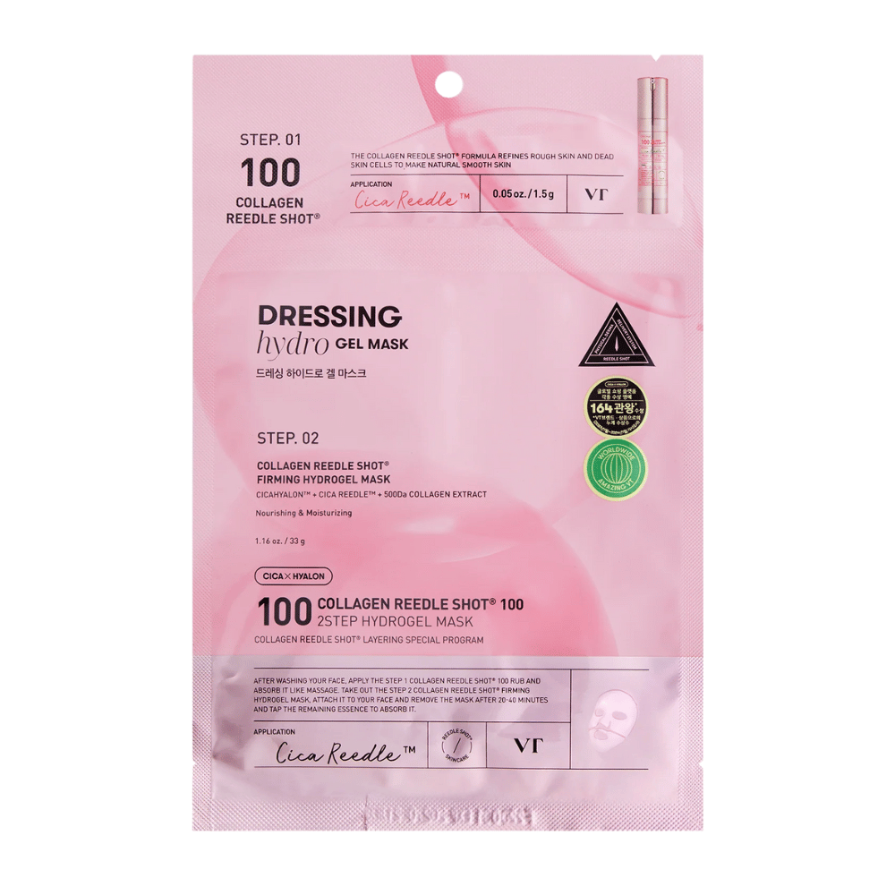 Confezione di VT Collagen Reedle Shot 100 2-Step Hydrogel Mask in design rosa. Mostra il passo 1 con Cica Reedle™ e il passo 2 con maschera idrogel rassodante contenente CICAHYALON™ e estratto di collagene 500Da.