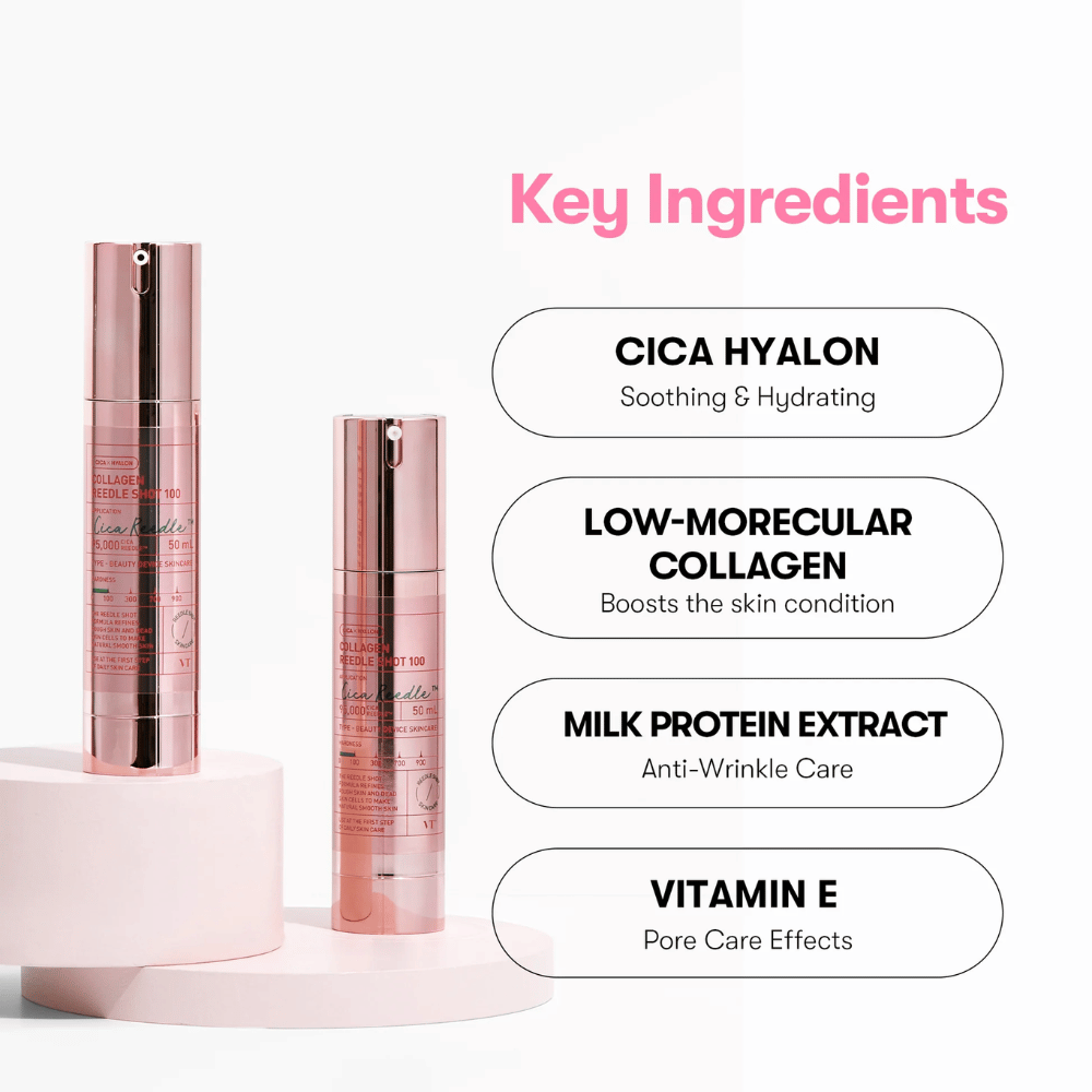 Primo piano di VT Collagen Reedle Shot 100 e i suoi ingredienti chiave: Cica Hyalon, collagene, proteina del latte e vitamina E.