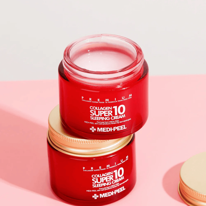 MEDI-PEEL Collagen Super 10 Sleeping Cream in confezione premium – crema da notte idratante intensiva con collagene per una pelle più soda e liscia.